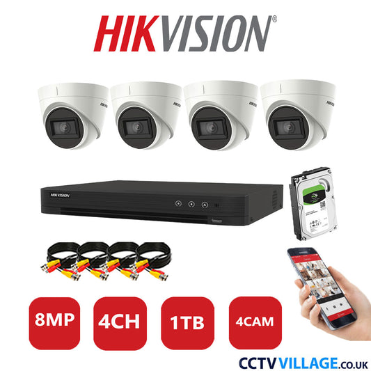 Hikvision 8MP CCTV Kit 4 Channel DVR-iDS-7204HUHI-M1/S with 4x Turret Cameras DS-2CE78U1T-IT3F White 1TB HDD Full Kit