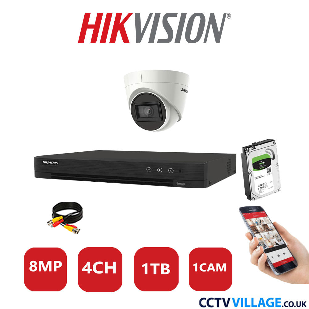 Hikvision 8MP CCTV System 4 Channel DVR-iDS-7204HUHI-M1/S with 1x Turret Camera DS-2CE78U1T-IT3F White 1TB HDD Full Kit