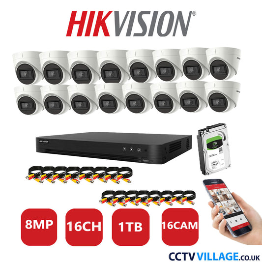 Hikvision 8MP CCTV System 16 Channel DVR-iDS-7216HUHI-M2/S with 16X Turret Cameras DS-2CEE78U1T-IT3F White 1TB HDD Full Kit