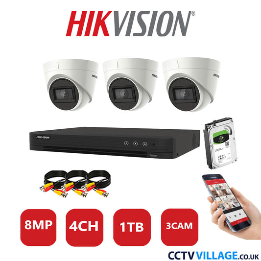 Hikvision 8MP CCTV Kit 4 Channel DVR-iDS-7204HUHI-M1/S with 3x Turret Cameras DS-2CE78U1T-IT3F White 1TB HDD Full Kit