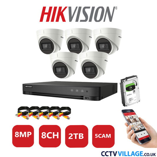 Hikvision 8MP CCTV Kit 8 Channel DVR-iDS-7208HUHI-M1/S with 5x Turret Cameras DS-2CE78U1T-IT3F White 2TB HDD Full Kit