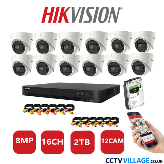 Hikvision 8MP CCTV Kit 16 Channel DVR-iDS-7216HUHI-M2/S with 12X Turret Cameras DS-2CEE78U1T-IT3F White 2TB HDD Full Kit