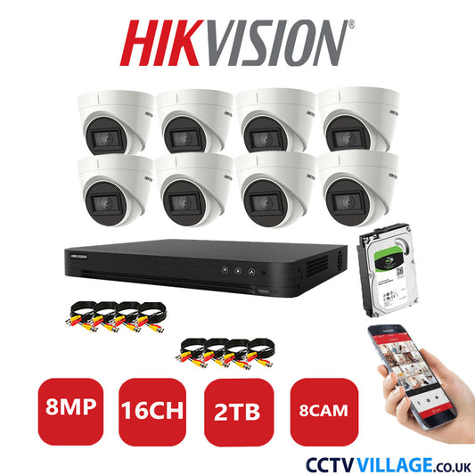 Hikvision 8MP CCTV Kit 16 Channel DVR-iDS-7216HUHI-M2/S with 8X Turret Cameras DS-2CEE78U1T-IT3F White 2TB HDD Full Kit