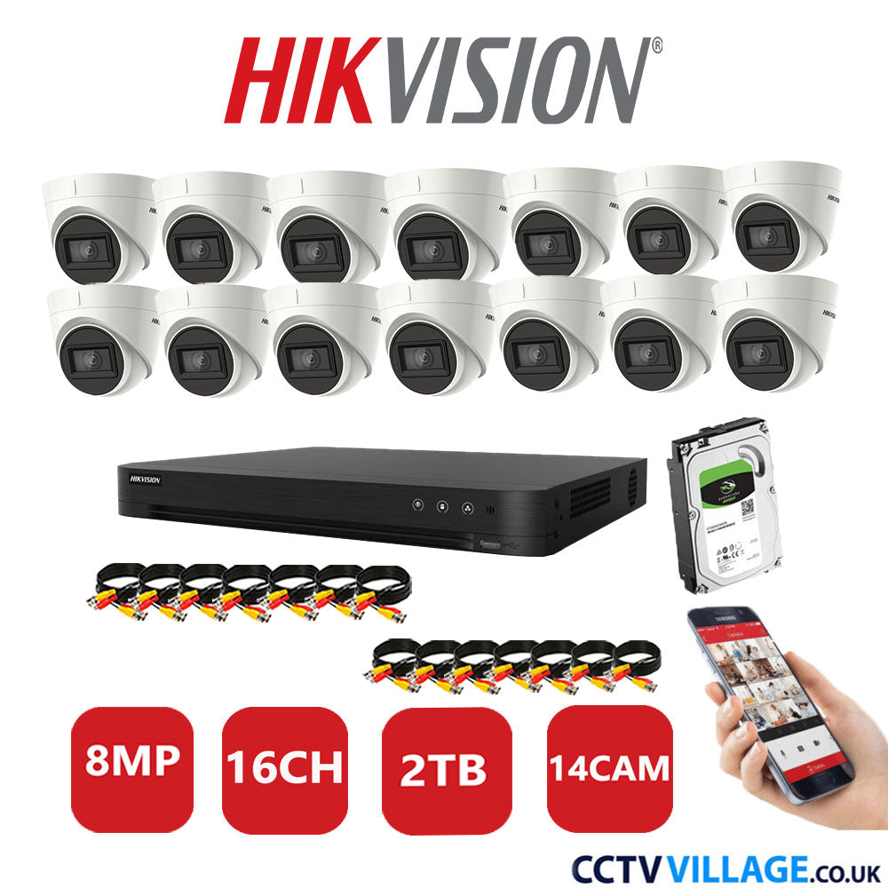 Hikvision 8MP CCTV System 16 Channel DVR-iDS-7216HUHI-M2/S with 14X Turret Cameras DS-2CEE78U1T-IT3F White 2TB HDD Full Kit