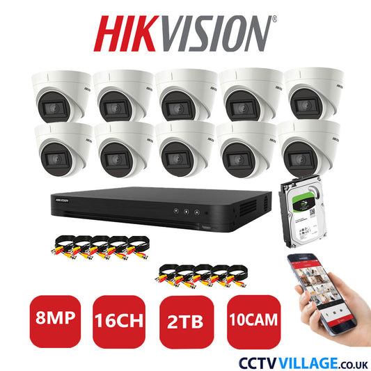 Hikvision 8MP CCTV Kit 16 Channel DVR-iDS-7216HUHI-M2/S with 10X Turret Cameras DS-2CEE78U1T-IT3F White 2TB HDD Full Kit