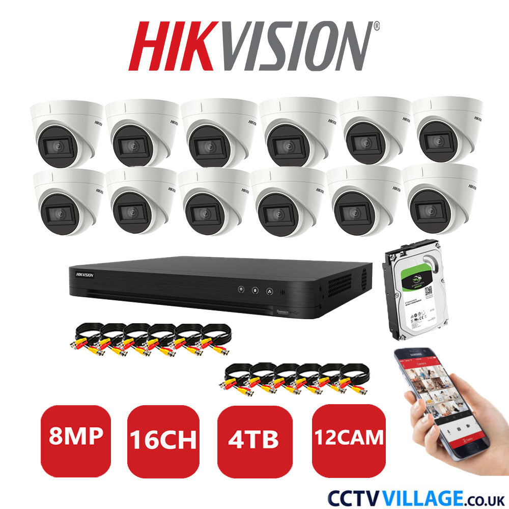 Hikvision 8MP CCTV System 16 Channel DVR-iDS-7216HUHI-M2/S with 12X Turret Cameras DS-2CEE78U1T-IT3F White 4TB HDD Full Kit