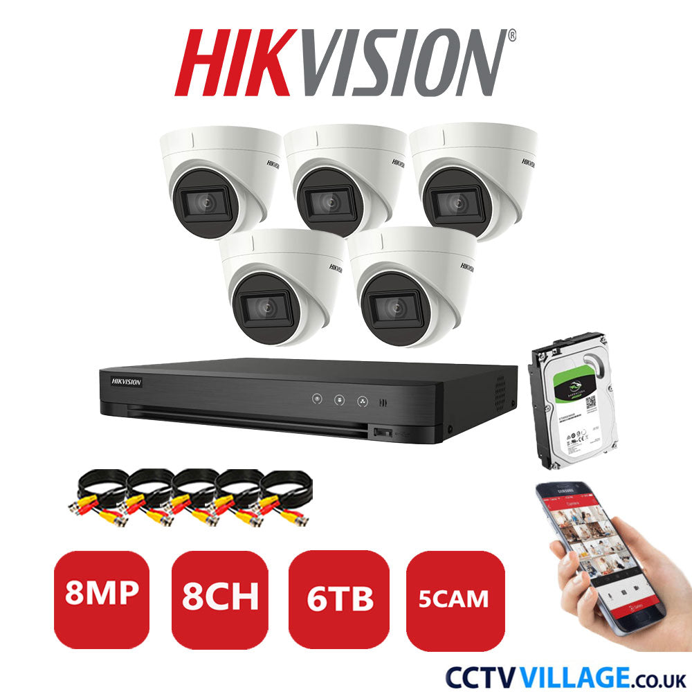 Hikvision 8MP CCTV System 8 Channel DVR-iDS-7208HUHI-M1/S with 5x Turret Cameras DS-2CE78U1T-IT3F White 6TB HDD Full Kit