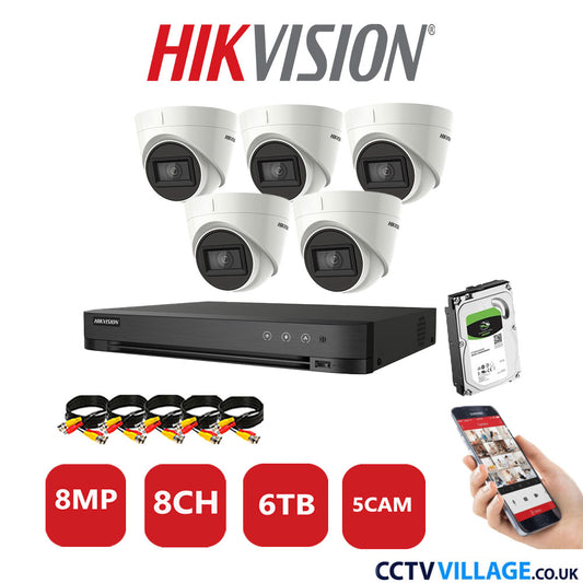 Hikvision 8MP CCTV Kit 8 Channel DVR-iDS-7208HUHI-M1/S with 5x Turret Cameras DS-2CE78U1T-IT3F White 6TB HDD Full Kit