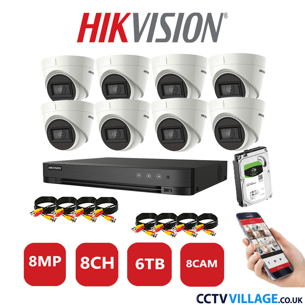 Hikvision 8MP CCTV System 8 Channel DVR-iDS-7208HUHI-M1/S with 8x Turret Cameras DS-2CE78U1T-IT3F White 6TB HDD Full Kit