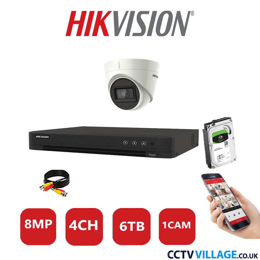 Hikvision 8MP CCTV System 4 Channel DVR-iDS-7204HUHI-M1/S with 1x Turret Camera DS-2CE78U1T-IT3F White 6TB HDD Full Kit