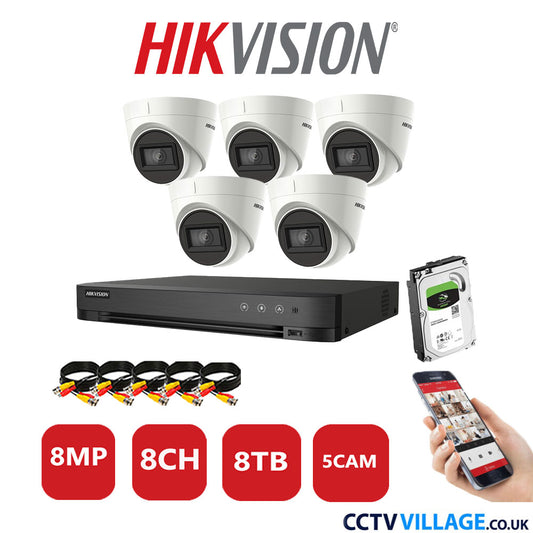 Hikvision 8MP CCTV Kit 8 Channel DVR-iDS-7208HUHI-M1/S with 5x Turret Cameras DS-2CE78U1T-IT3F White 8TB HDD Full Kit