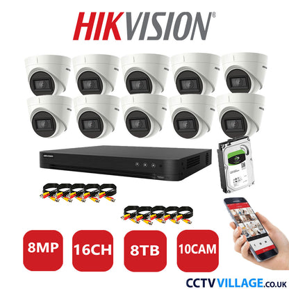 Hikvision 8MP CCTV System 16 Channel DVR-iDS-7216HUHI-M2/S with 10X Turret Cameras DS-2CEE78U1T-IT3F White 8TB HDD Full Kit