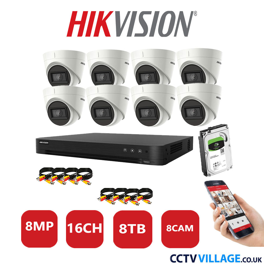 Hikvision 8MP CCTV Kit 16 Channel DVR-iDS-7216HUHI-M2/S with 8X Turret Cameras DS-2CEE78U1T-IT3F White 8TB HDD Full Kit