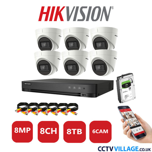 Hikvision 8MP CCTV Kit 8 Channel DVR-iDS-7208HUHI-M1/S with 6x Turret Cameras DS-2CE78U1T-IT3F White 8TB HDD Full Kit