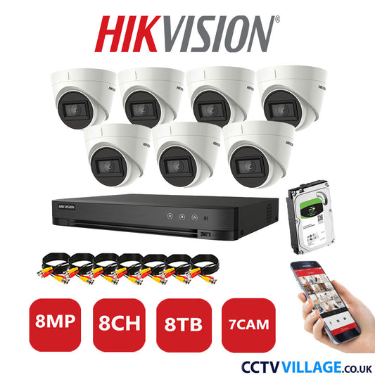 Hikvision 8MP CCTV Kit 8 Channel DVR-iDS-7208HUHI-M1/S with 7x Turret Cameras DS-2CE78U1T-IT3F White 8TB HDD Full Kit