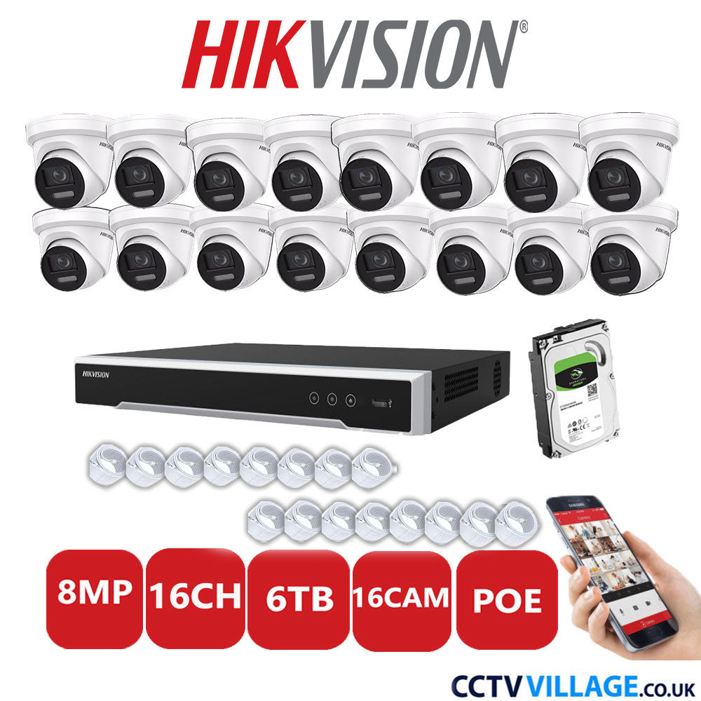 Hikvision 8MP IP CCTV System 16 Channel NVR-DS7616NI-I2/16P with 16x Turret DS-2CD2387G2-LSU/SL White 6TB HDD Full Kit