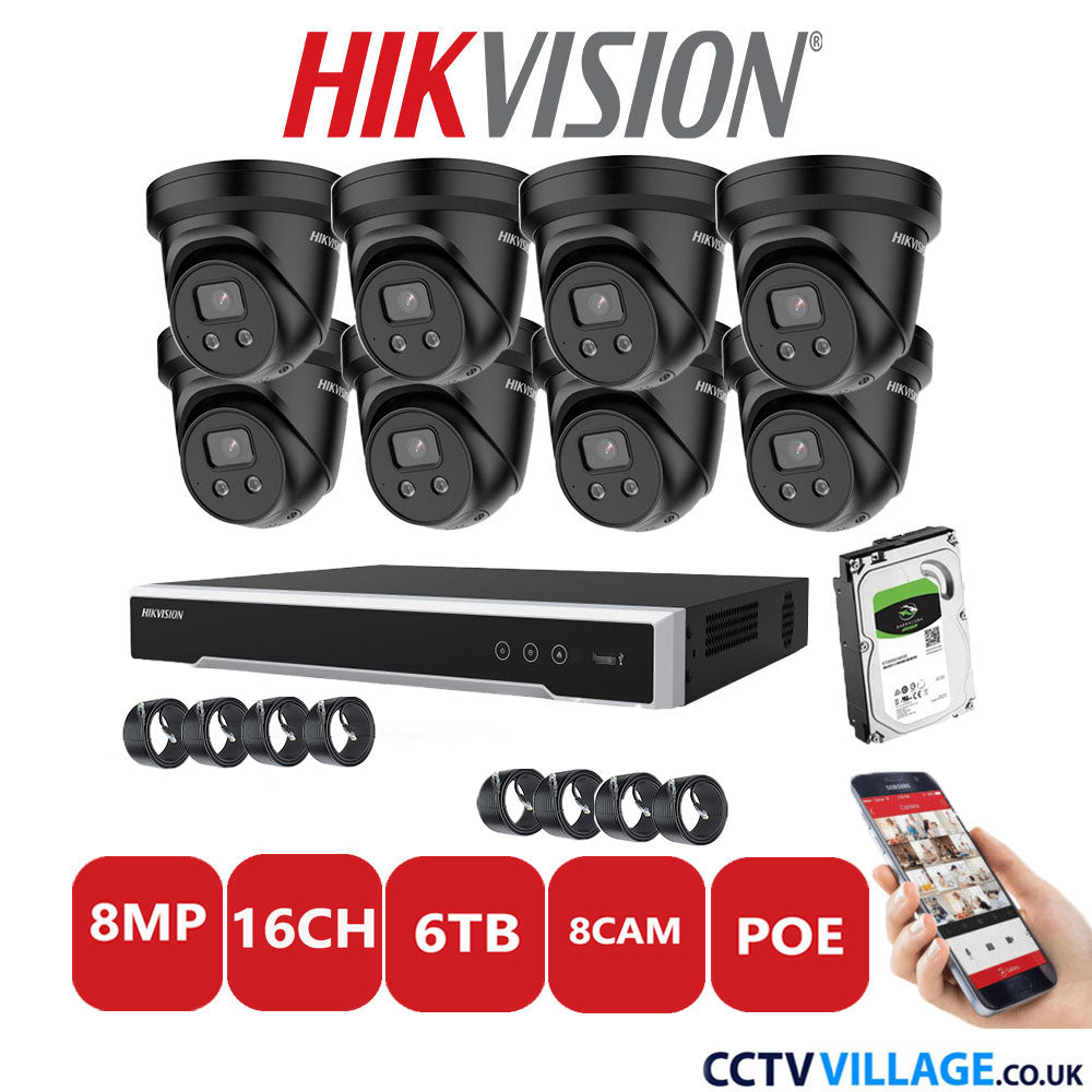 Hikvision 8MP IP CCTV System 16 Channel NVR-DS7616NI-I2/16P with 8x Turret Cameras DS-2CD2386G2-ISU/SL Black 6TB HDD Full Kit