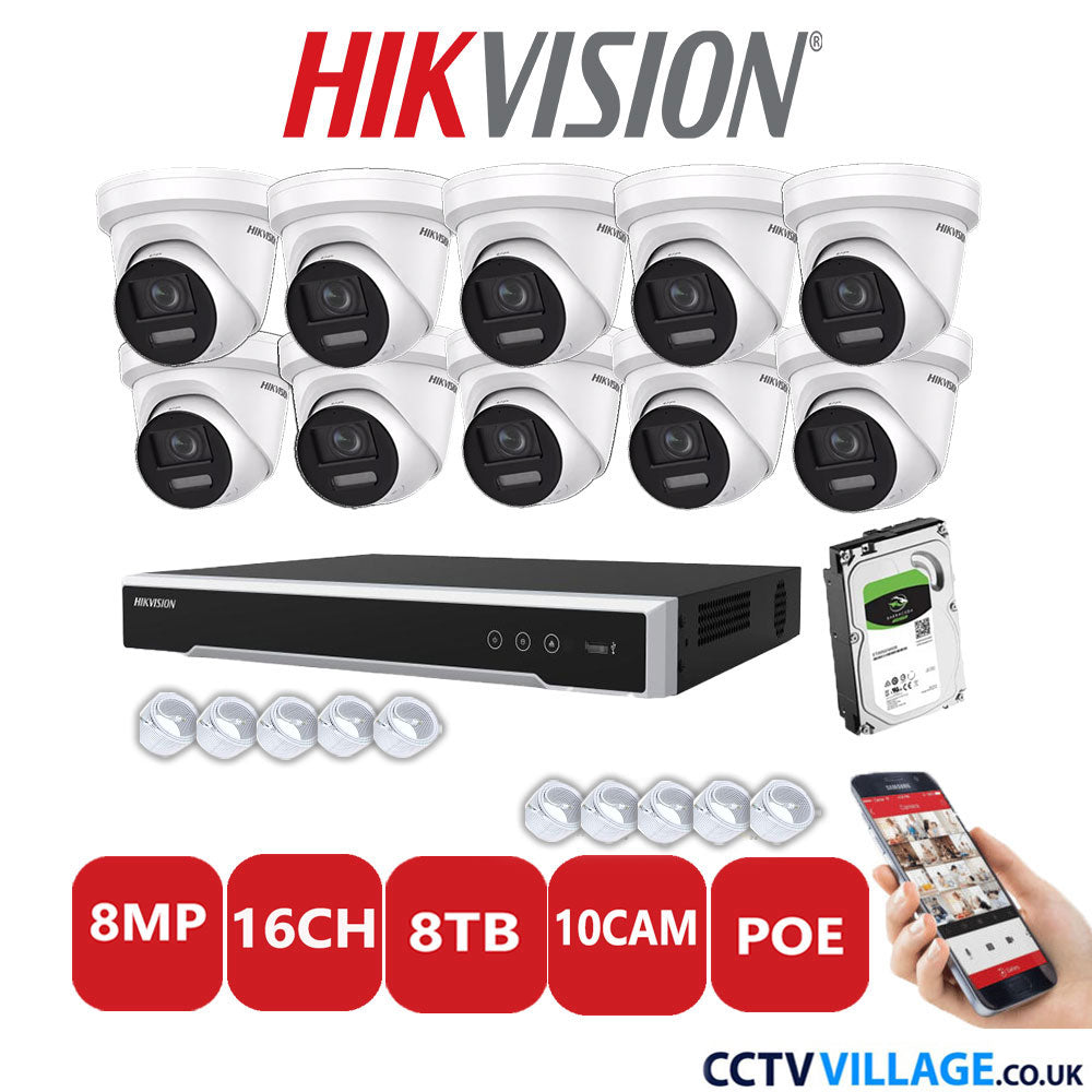 Hikvision 8MP IP CCTV System 16 Channel NVR-DS7616NI-I2/16P with 10x Turret DS-2CD2387G2-LSU/SL White 8TB HDD Full Kit