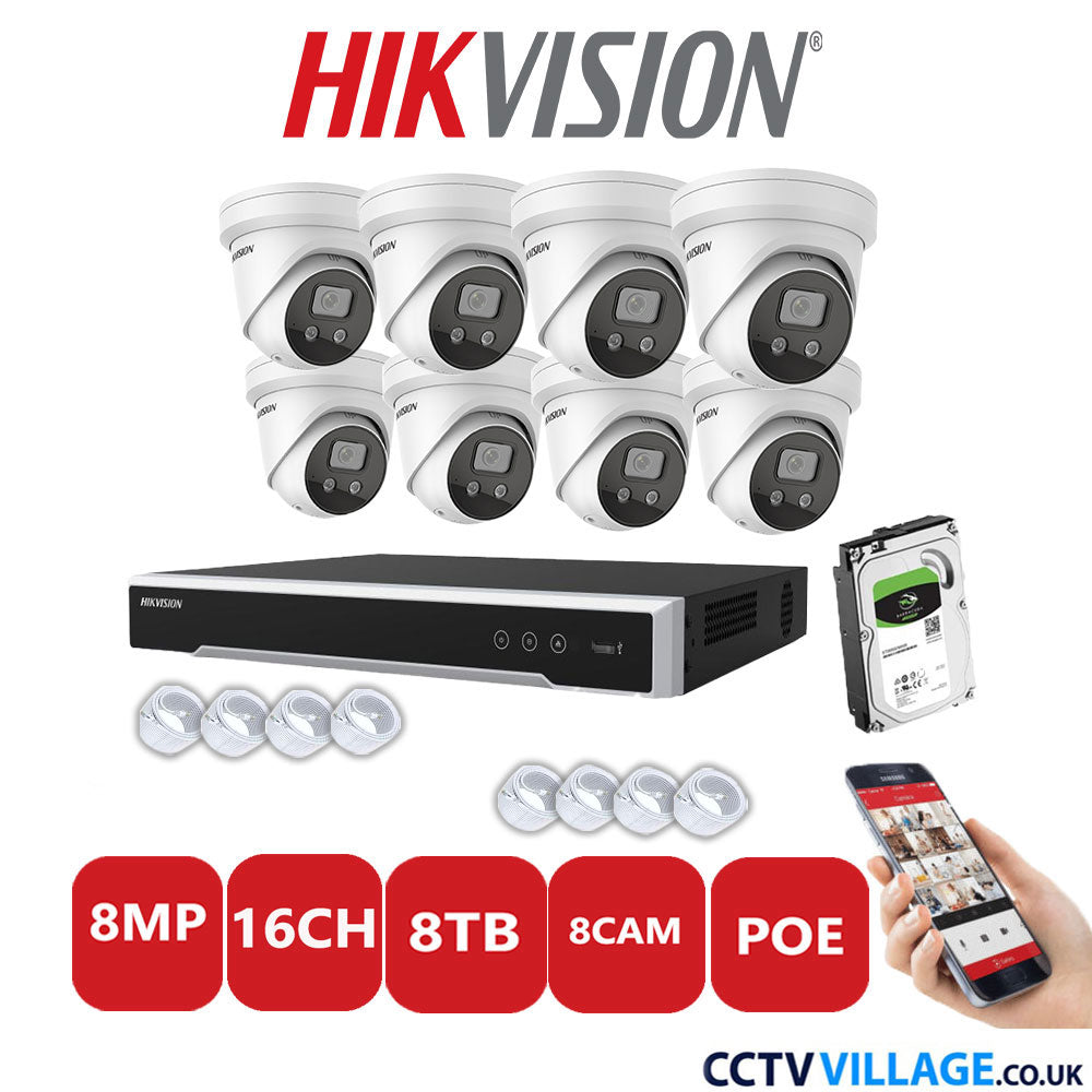 Hikvision 8MP IP CCTV System 16 Channel NVR-DS7616NI-I2/16P with 8x Turret Cameras DS-2CD2386G2-ISU/SL White 8TB HDD Full Kit