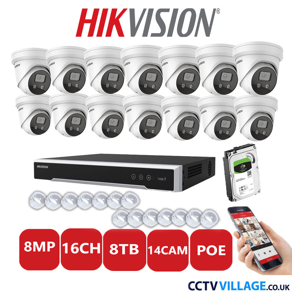 Hikvision 8MP IP CCTV System 16 Channel NVR-DS7616NI-I2/16P with 14x Turret Cameras DS-2CD2386G2-ISU/SL White 8TB HDD Full Kit