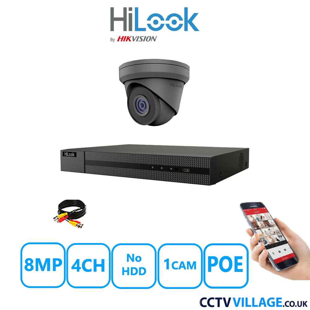 HiLook 8MP CCTV Kit 4 Channel NVR-104MH-C/4P with 1x Turret Camera IPC-T280H-MUF Grey No HDD Full Kit