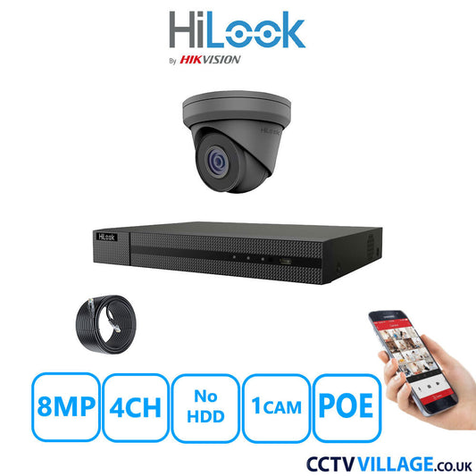 HiLook 8MP IP CCTV System 4 Channel NVR-104MH-C/4P with 1x Turret Camera IPC-T280H-MUF Grey No HDD Full Kit