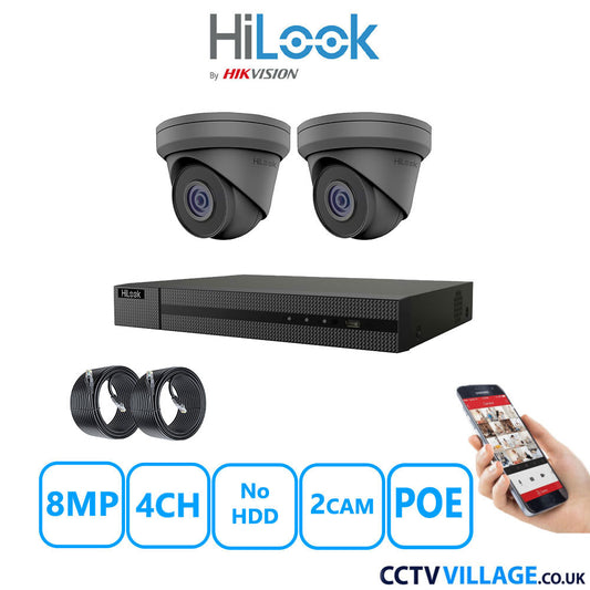 HiLook 8MP IP CCTV System 4 Channel NVR-104MH-C/4P with 2x Turret Cameras IPC-T280H-MUF Grey No HDD Full Kit