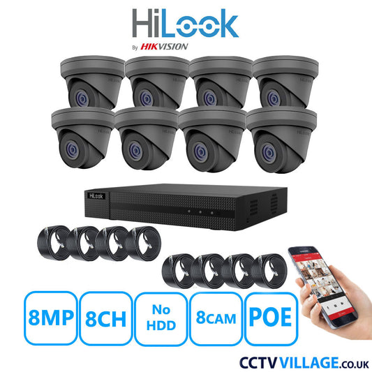 HiLook 8MP IP CCTV System 8 Channel NVR-108MH-C/8P with 8x Turret Cameras IPC-T280H-MUF Grey No HDD Full Kit