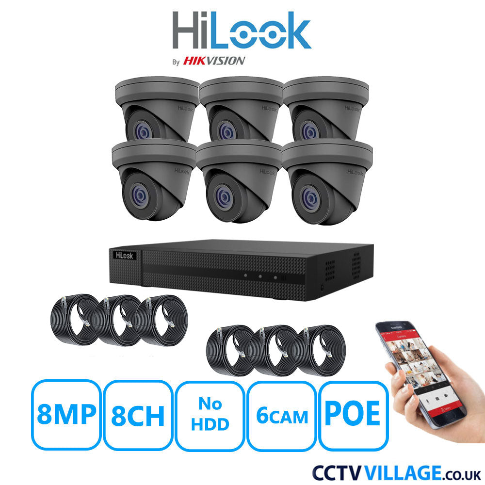 HiLook 8MP IP CCTV System 8 Channel NVR-108MH-C/8P with 6x Turret Cameras IPC-T280H-MUF Grey No HDD Full Kit