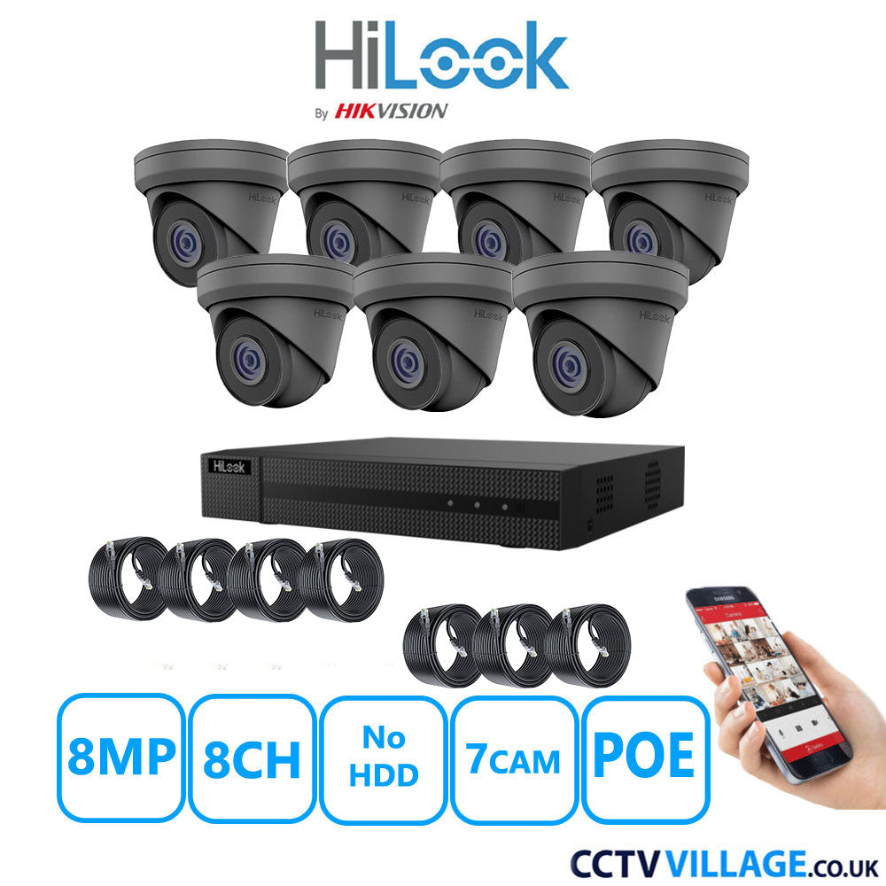 HiLook 8MP IP CCTV System 8 Channel NVR-108MH-C/8P with 7x Turret Cameras IPC-T280H-MUF Grey No HDD Full Kit