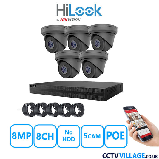 HiLook 8MP IP CCTV System 8 Channel NVR-208MH-C/8P with 5x Turret Cameras IPC-T280H-MUF Grey No HDD Full Kit