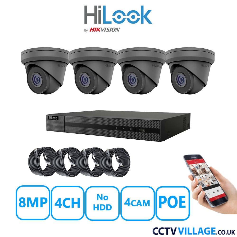 HiLook 8MP IP CCTV System 4 Channel NVR-104MH-C/4P with 4x Turret Cameras IPC-T280H-MUF Grey No HDD Full Kit