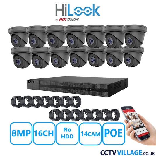 HiLook 8MP IP CCTV System 16 Channel NVR-216MH-C/16P with 14x Turret Cameras IPC-T280H-MUF Grey NO HDD Full Kit