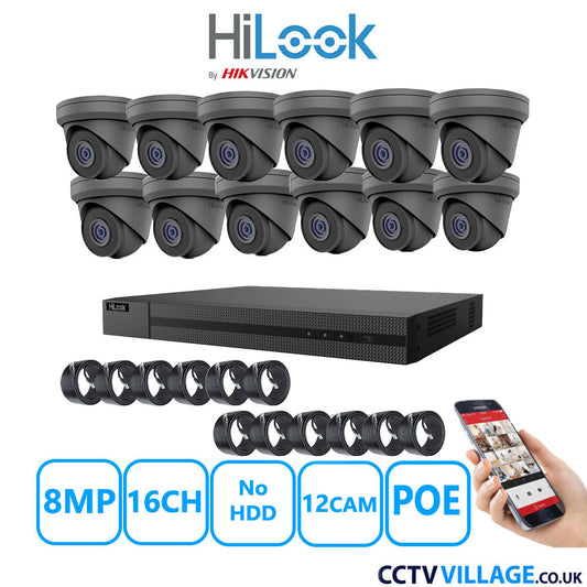 HiLook 8MP IP CCTV System 16 Channel NVR-216MH-C/16P with 12x Turret Cameras IPC-T280H-MUF Grey NO HDD Full Kit