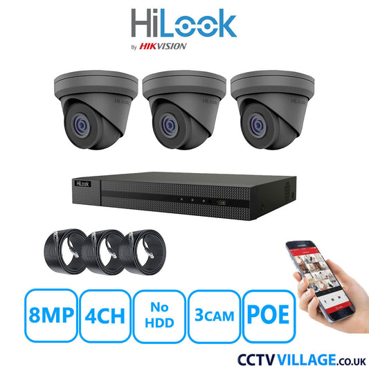 HiLook 8MP IP CCTV System 4 Channel NVR-104MH-C/4P with 3x Turret Cameras IPC-T280H-MUF Grey No HDD Full Kit