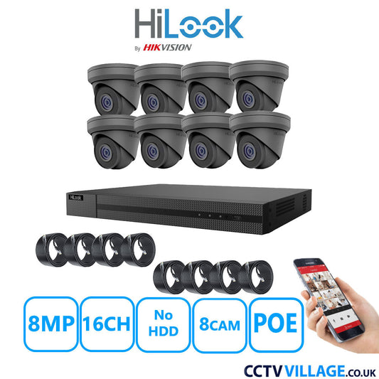 HiLook 8MP IP CCTV System 16 Channel NVR-216MH-C/16P with 8x Turret Cameras IPC-T280H-MUF Grey NO HDD Full Kit