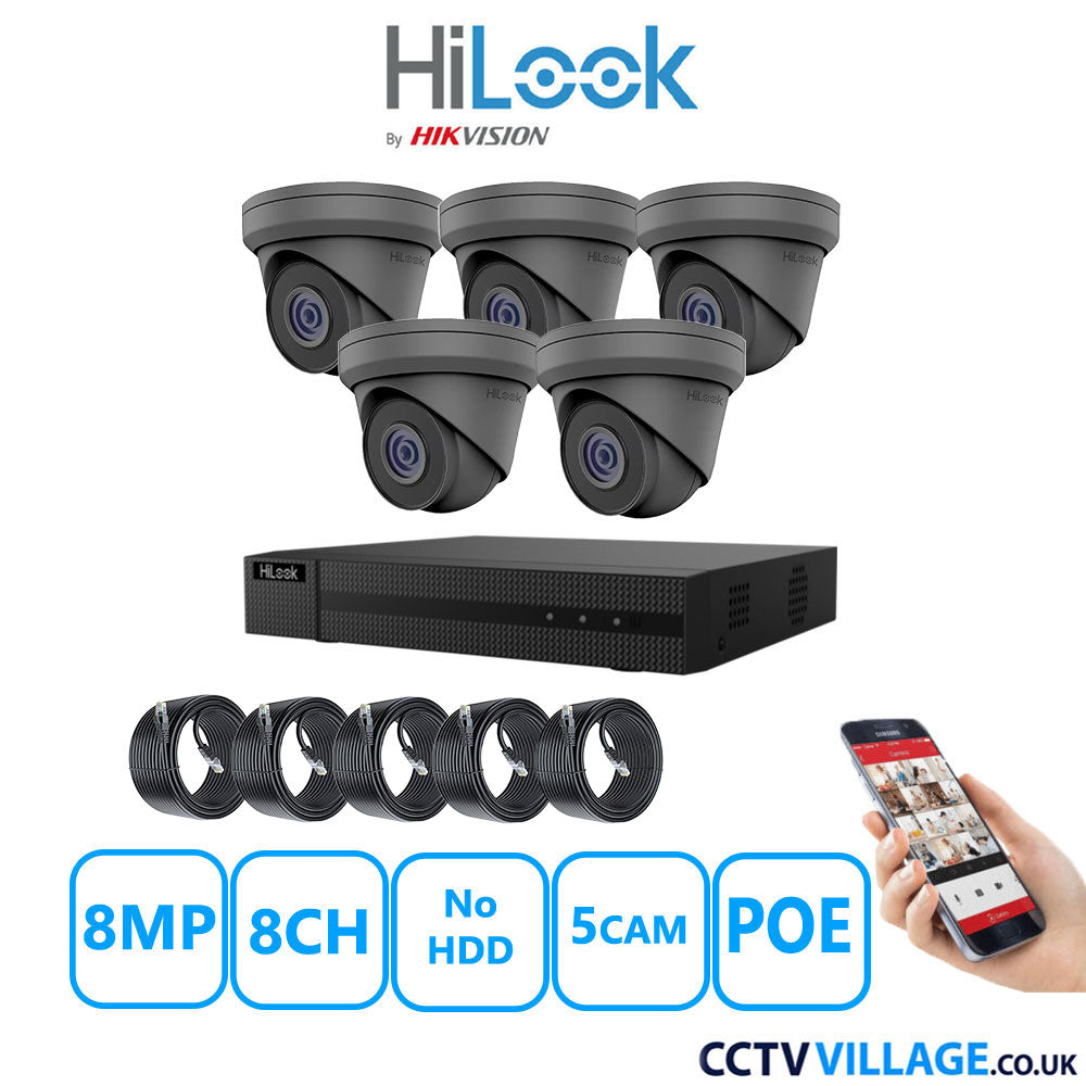 HiLook 8MP IP CCTV System 8 Channel NVR-108MH-C/8P with 5x Turret Cameras IPC-T280H-MUF Grey No HDD Full Kit