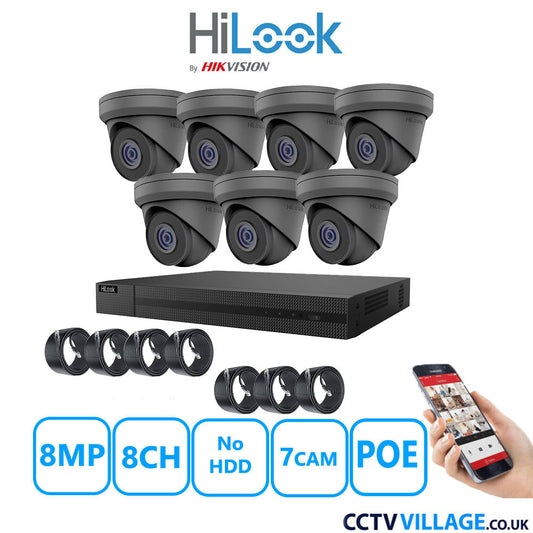 HiLook 8MP IP CCTV System 8 Channel NVR-208MH-C/8P with 7x Turret Cameras IPC-T280H-MUF Grey No HDD Full Kit