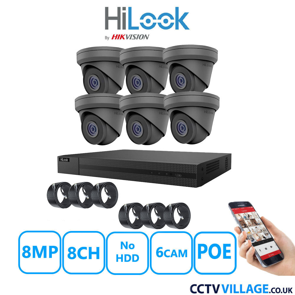 HiLook 8MP IP CCTV System 8 Channel NVR-208MH-C/8P with 6x Turret Cameras IPC-T280H-MUF Grey No HDD Full Kit