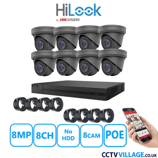 HiLook 8MP IP CCTV System 8 Channel NVR-208MH-C/8P with 8x Turret Cameras IPC-T280H-MUF Grey No HDD Full Kit