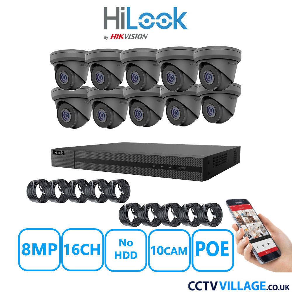 HiLook 8MP IP CCTV System 16 Channel NVR-216MH-C/16P with 10x Turret Cameras IPC-T280H-MUF Grey NO HDD Full Kit