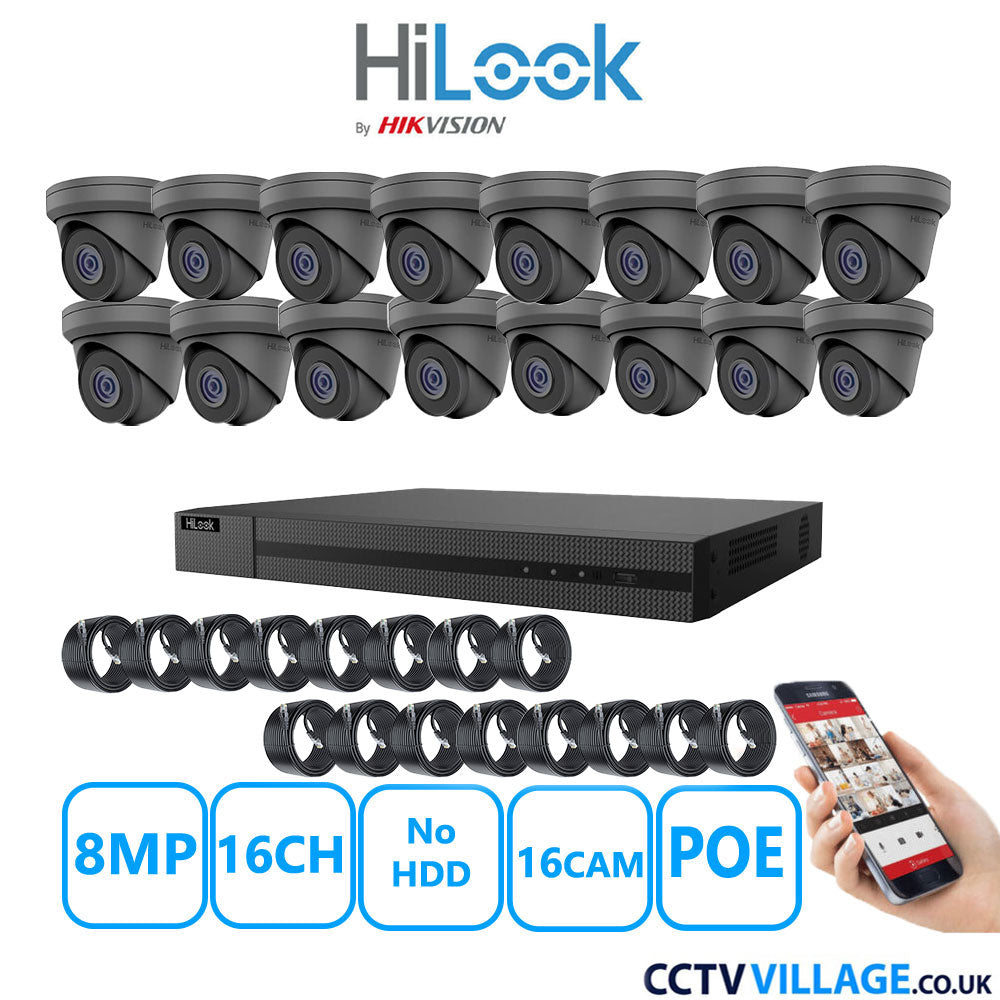 HiLook 8MP IP CCTV System 16 Channel NVR-216MH-C/16P with 16x Turret Cameras IPC-T280H-MUF Grey NO HDD Full Kit