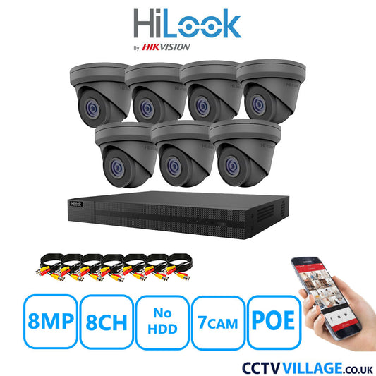 HiLook 8MP CCTV Kit 8 Channel NVR-208MH-C/8P with 7x Turret Cameras IPC-T280H-MUF Grey No HDD Full Kit