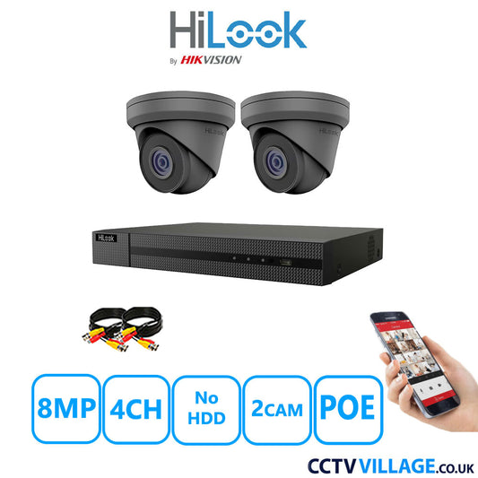 HiLook 8MP CCTV Kit 4 Channel NVR-104MH-C/4P with 2x Turret Cameras IPC-T280H-MUF Grey No HDD Full Kit