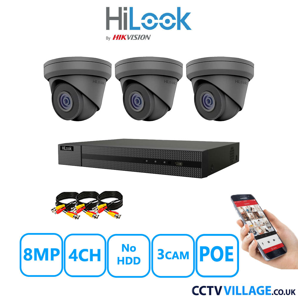 HiLook 8MP CCTV Kit 4 Channel NVR-104MH-C/4P with 3x Turret Cameras IPC-T280H-MUF Grey No HDD Full Kit