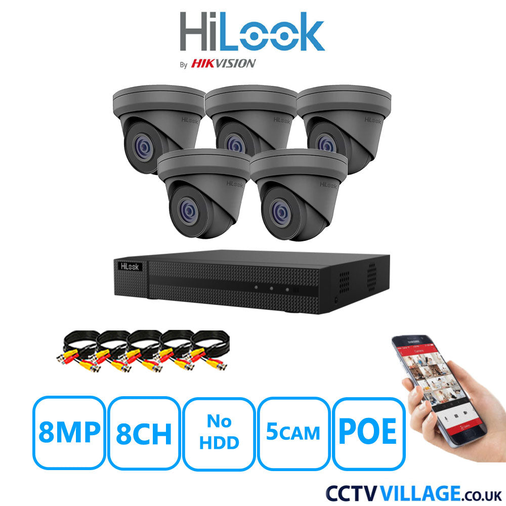 HiLook 8MP CCTV Kit 8 Channel NVR-108MH-C/8P with 5x Turret Cameras IPC-T280H-MUF Grey No HDD Full Kit