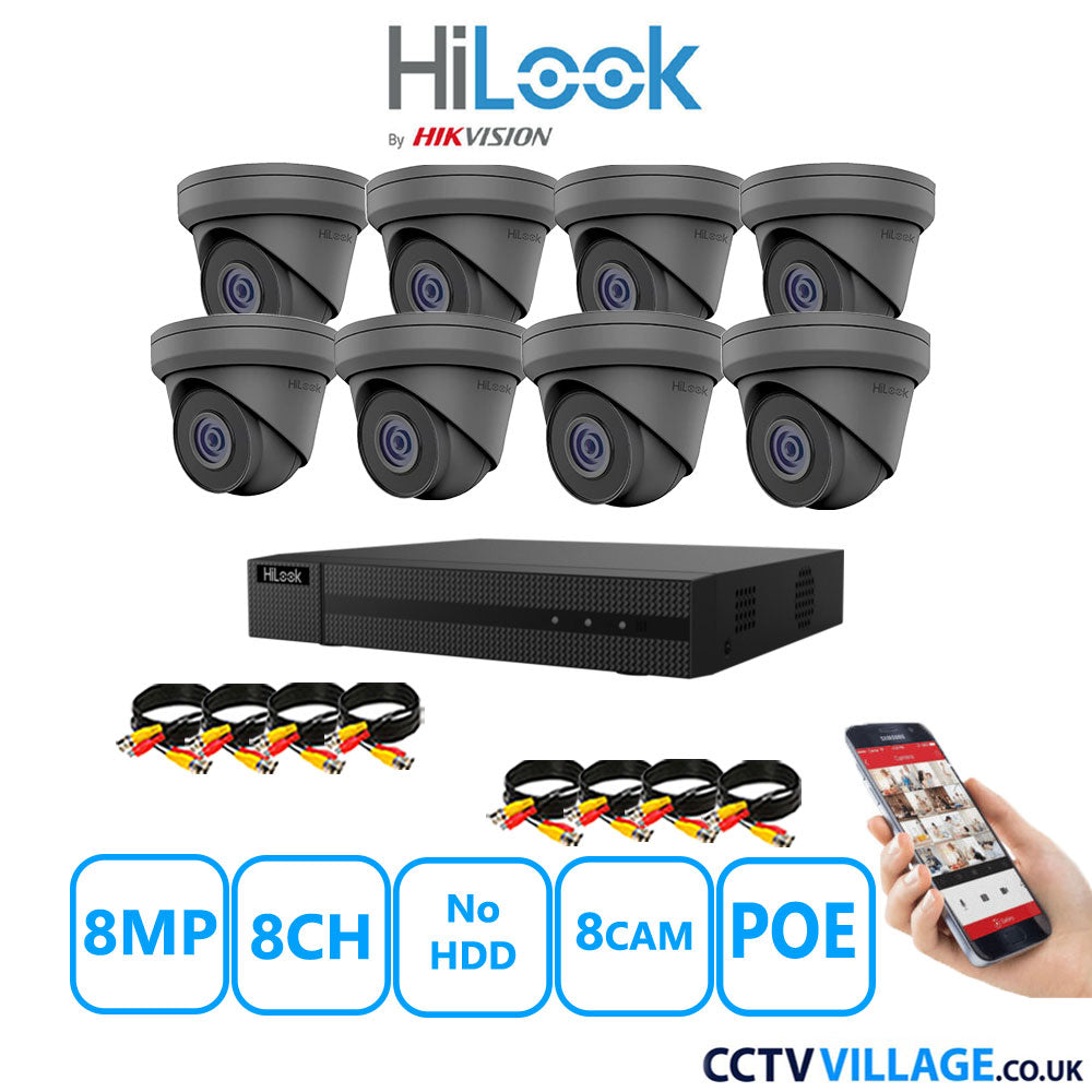 HiLook 8MP CCTV Kit 8 Channel NVR-108MH-C/8P with 8x Turret Cameras IPC-T280H-MUF Grey No HDD Full Kit