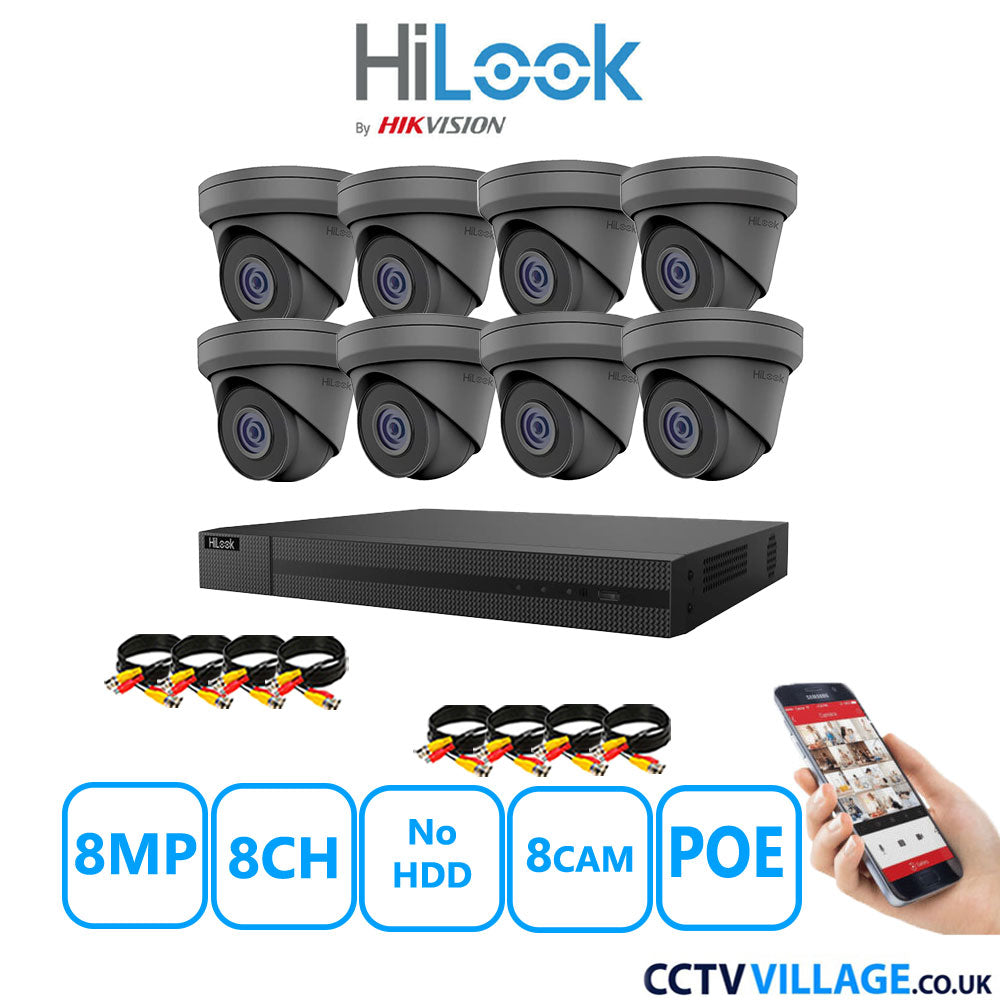 HiLook 8MP CCTV Kit 8 Channel NVR-208MH-C/8P with 8x Turret Cameras IPC-T280H-MUF Grey No HDD Full Kit