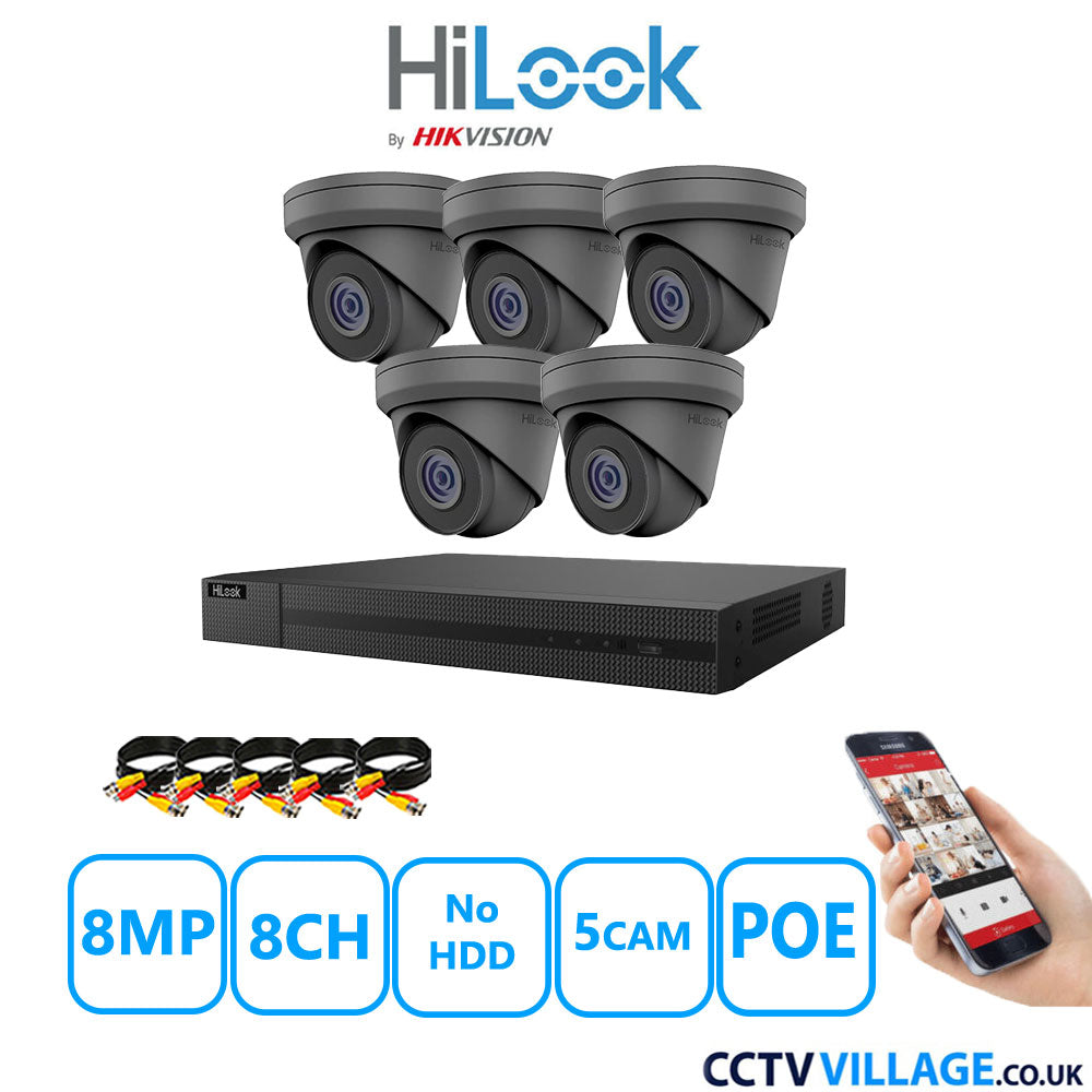 HiLook 8MP CCTV Kit 8 Channel NVR-208MH-C/8P with 5x Turret Cameras IPC-T280H-MUF Grey No HDD Full Kit