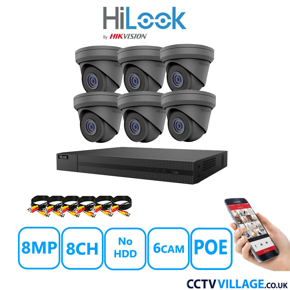 HiLook 8MP CCTV Kit 8 Channel NVR-208MH-C/8P with 6x Turret Cameras IPC-T280H-MUF Grey No HDD Full Kit